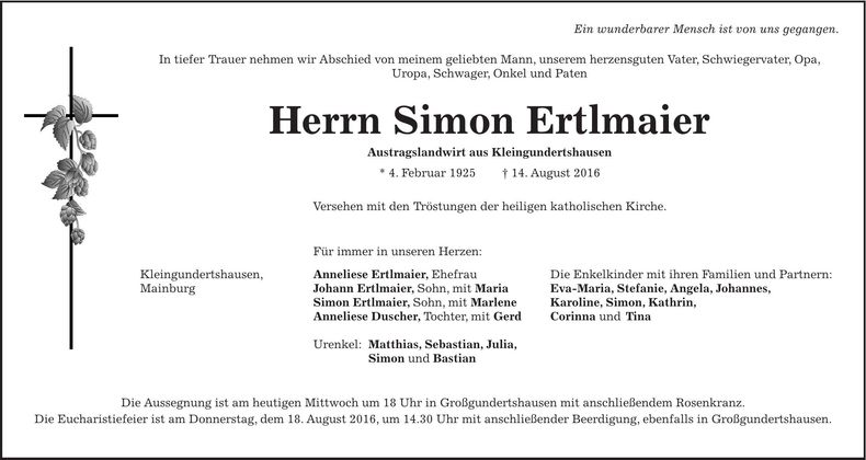 Traueranzeige Simon Ertlmaier