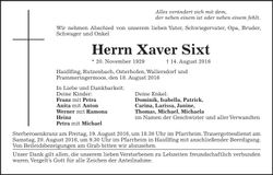 Traueranzeige Xaver Sixt
