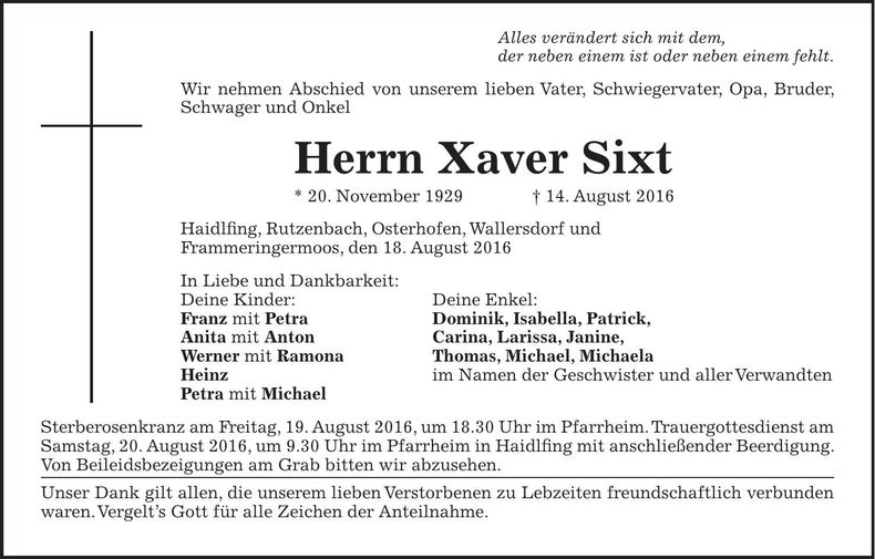 Traueranzeige Xaver Sixt