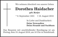 Traueranzeige Dorothea Haidacher