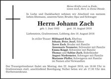 Traueranzeige Johann Zach