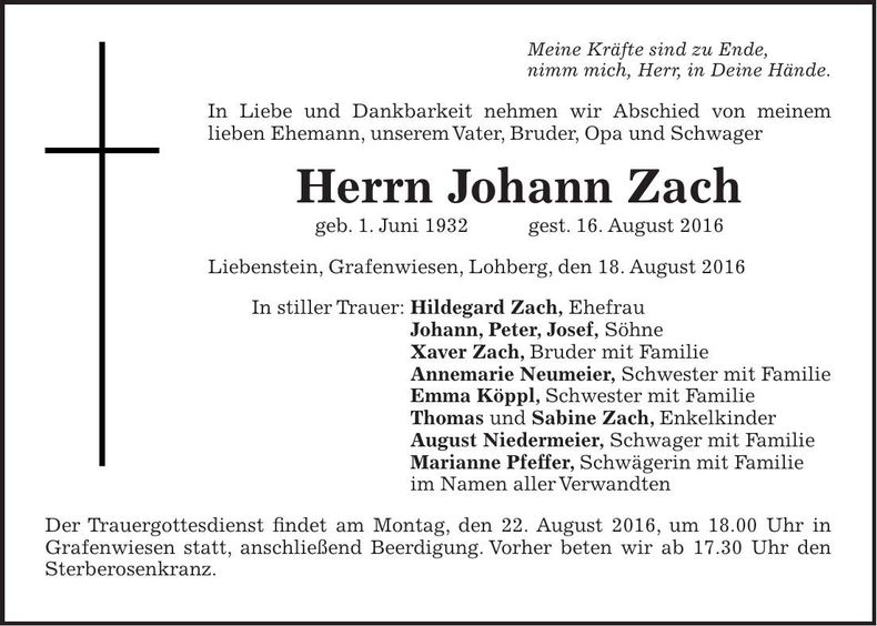 Traueranzeige Johann Zach