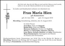 Traueranzeige Maria Hien