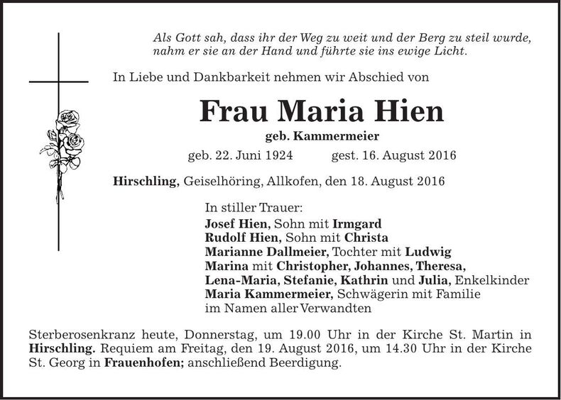 Traueranzeige Maria Hien