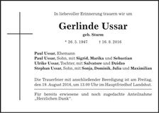 Traueranzeige Gerlinde Ussar