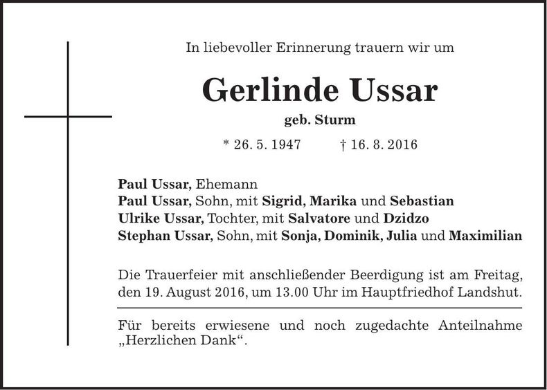 Traueranzeige Gerlinde Ussar