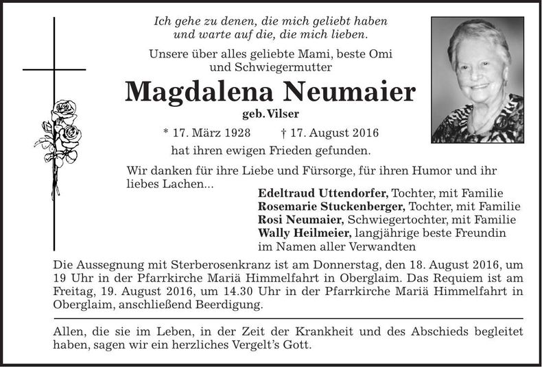 Traueranzeige Magdalena Neumaier