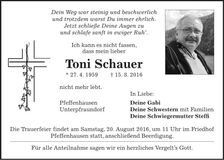 Traueranzeige Toni Schauer