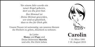 Traueranzeige Carolin Nachreiner