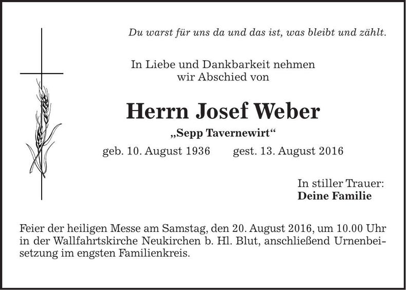 Traueranzeige Josef Weber