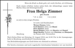 Traueranzeige Helga Zimmer