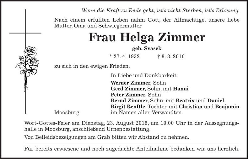 Traueranzeige Helga Zimmer