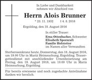 Traueranzeige Alois Brunner