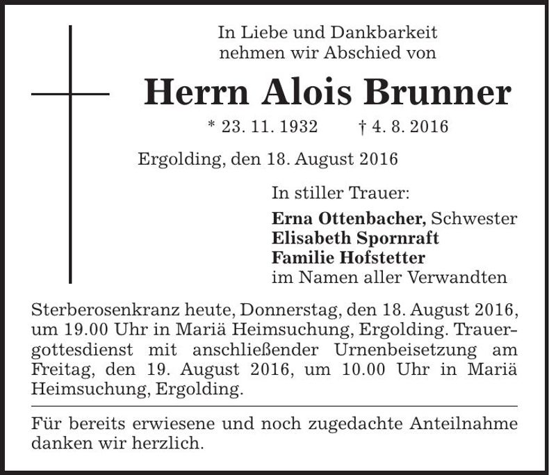 Traueranzeige Alois Brunner