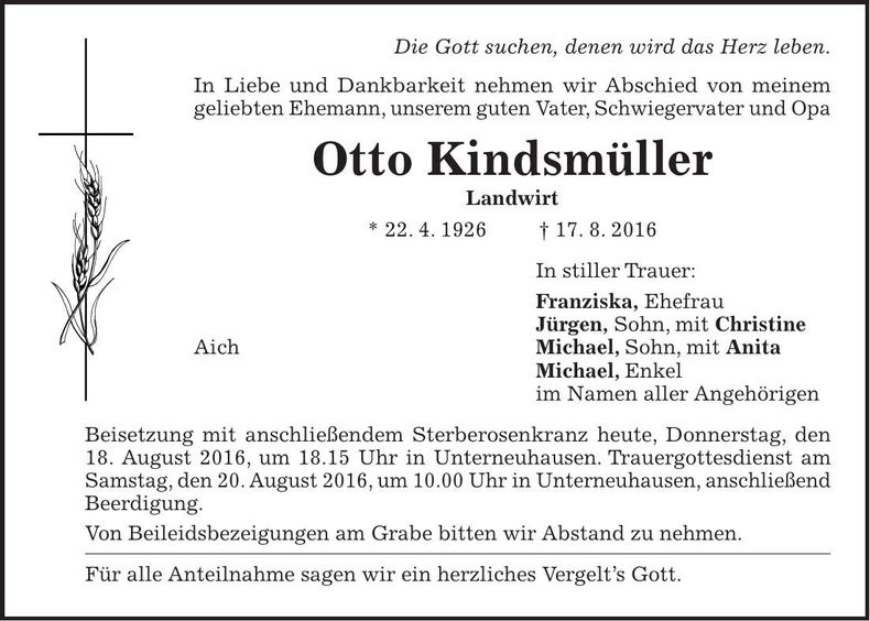 Traueranzeige Otto Kindsmüller