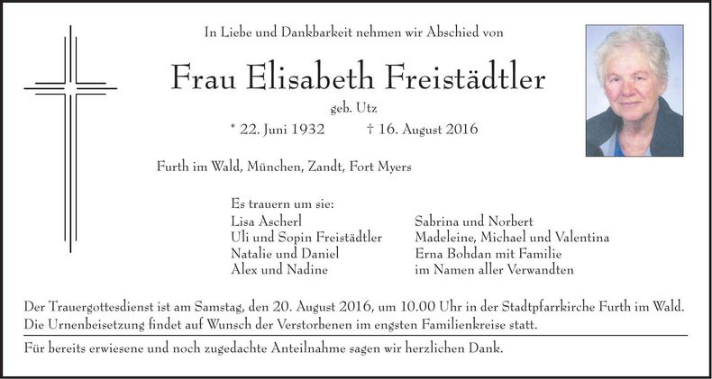 Traueranzeige Elisabeth Freistädtler