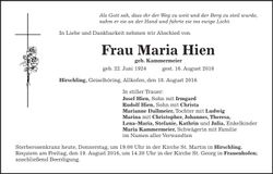 Traueranzeige Maria Hien