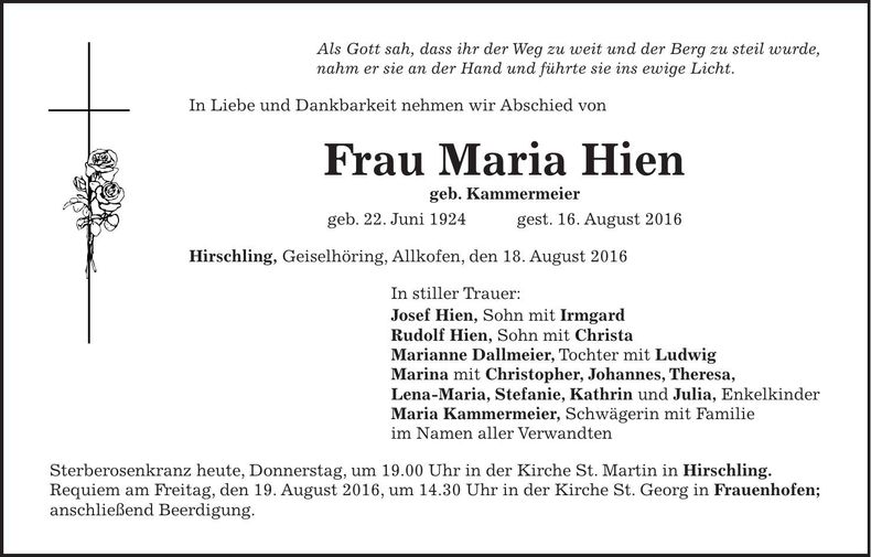 Traueranzeige Maria Hien