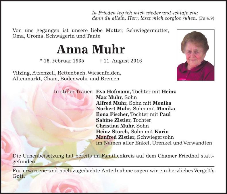 Traueranzeige Anna Muhr