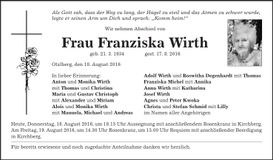 Traueranzeige Franziska Wirth