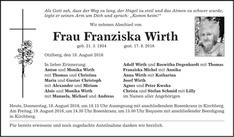 Traueranzeige Franziska Wirth