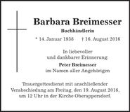 Traueranzeige Barbara Breimesser