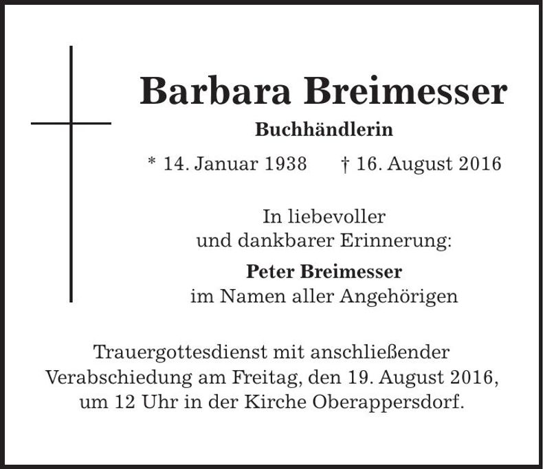 Traueranzeige Barbara Breimesser
