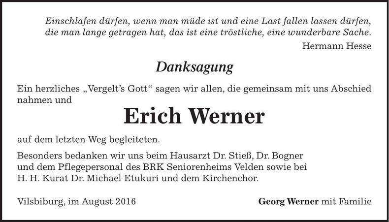 Traueranzeige Erich Werner