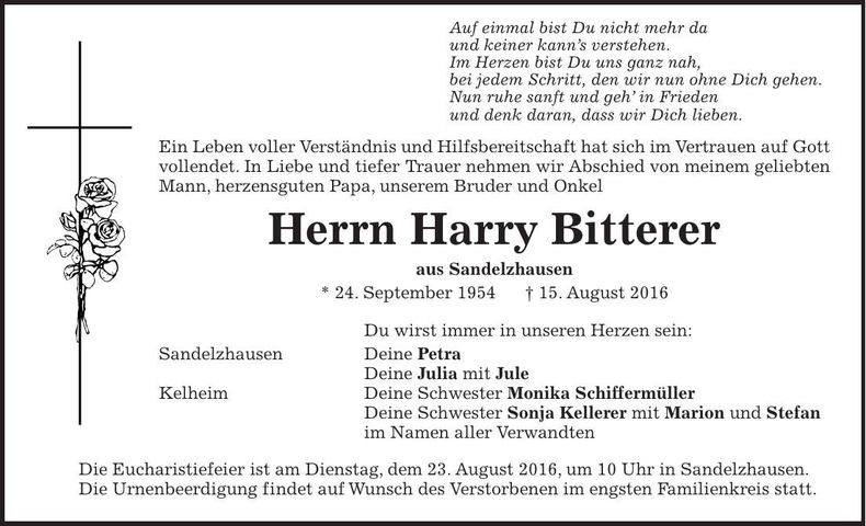 Traueranzeige Harry Bitterer