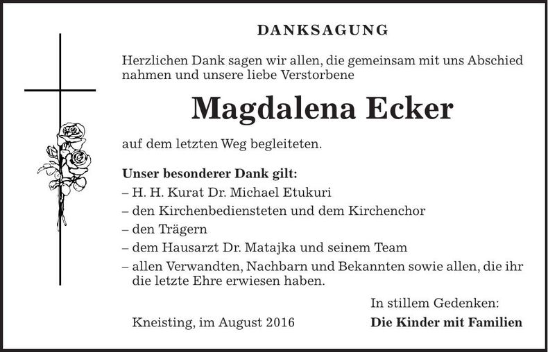 Traueranzeige Magdalena Ecker