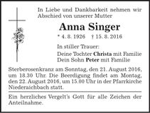 Traueranzeige Anna Singer