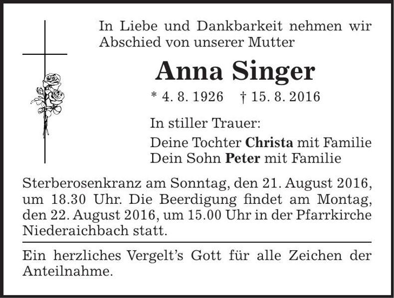 Traueranzeige Anna Singer