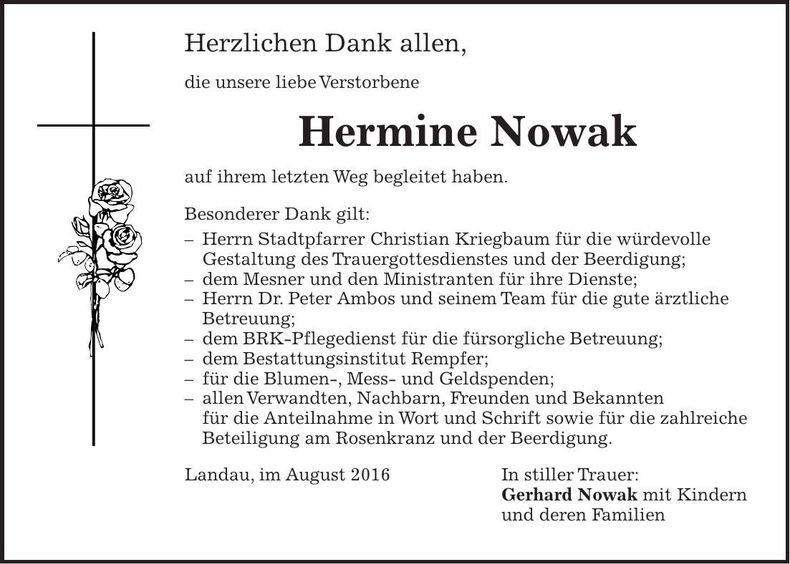 Traueranzeige Hermine Nowak