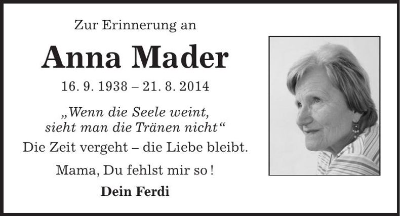 Traueranzeige Anna Mader