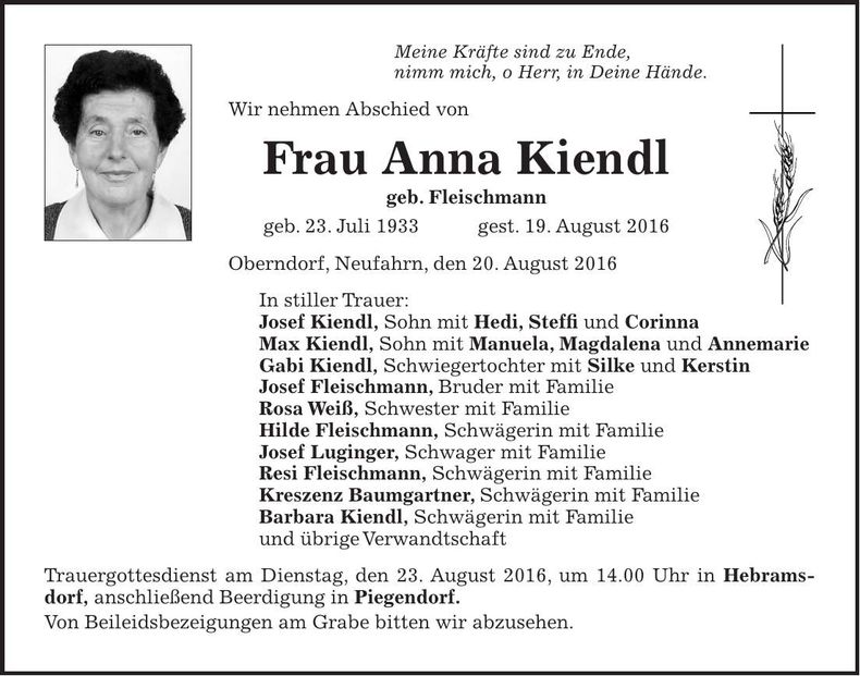 Traueranzeige Anna Kiendl