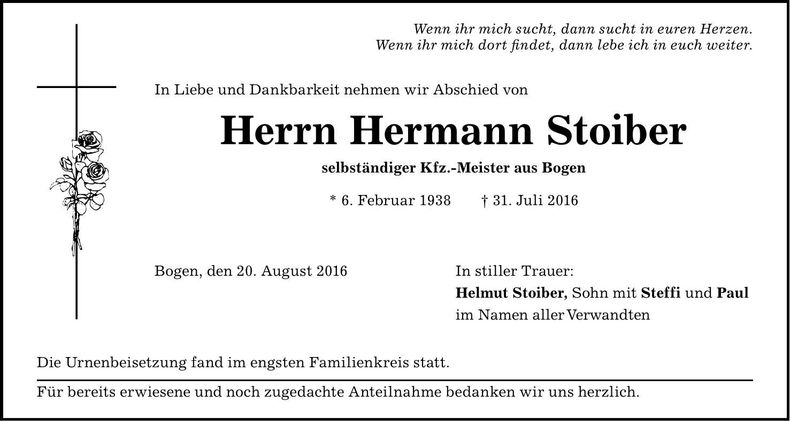 Traueranzeige Hermann Stoiber