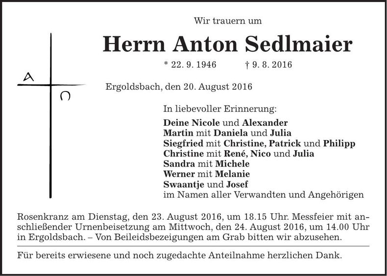 Traueranzeige Anton Sedlmaier
