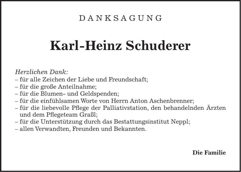 Traueranzeige Karl-Heinz Schuderer