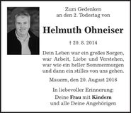 Traueranzeige Helmuth Ohneiser