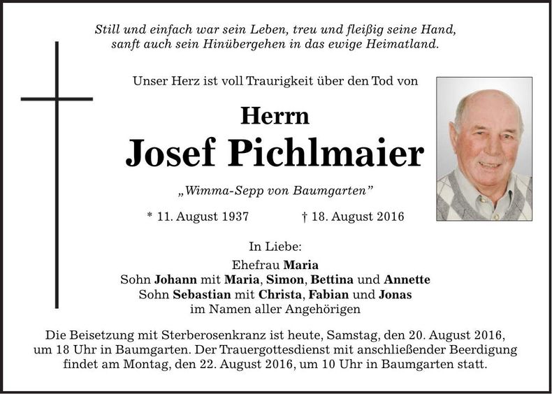 Traueranzeige Pichlmaier Josef