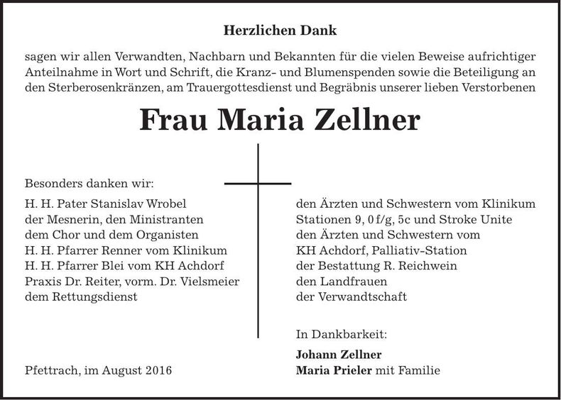 Traueranzeige Maria Zellner