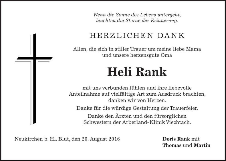 Traueranzeige Heli Rank