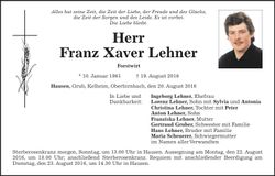 Traueranzeige Franz Xaver Lehner