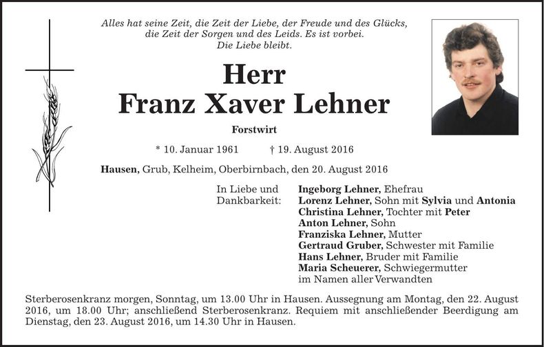 Traueranzeige Franz Xaver Lehner