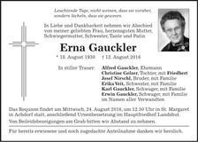 Traueranzeige Erna Gauckler