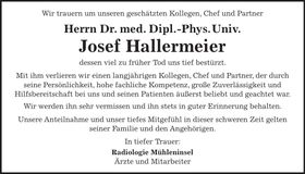 Traueranzeige Josef Hallermeier