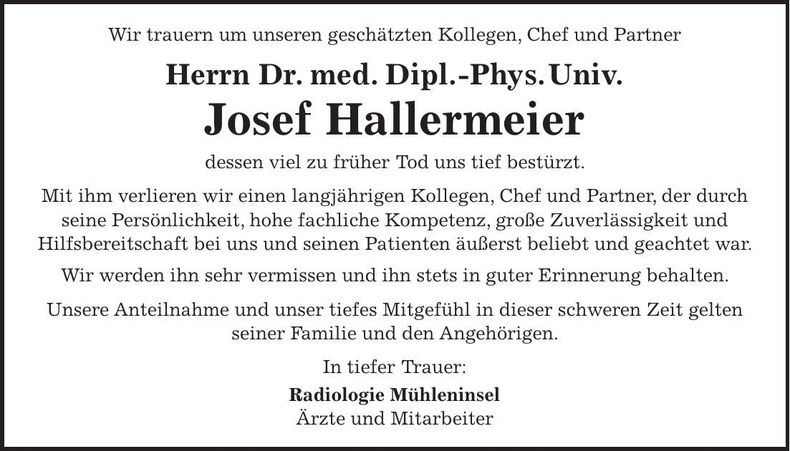 Traueranzeige Josef Hallermeier