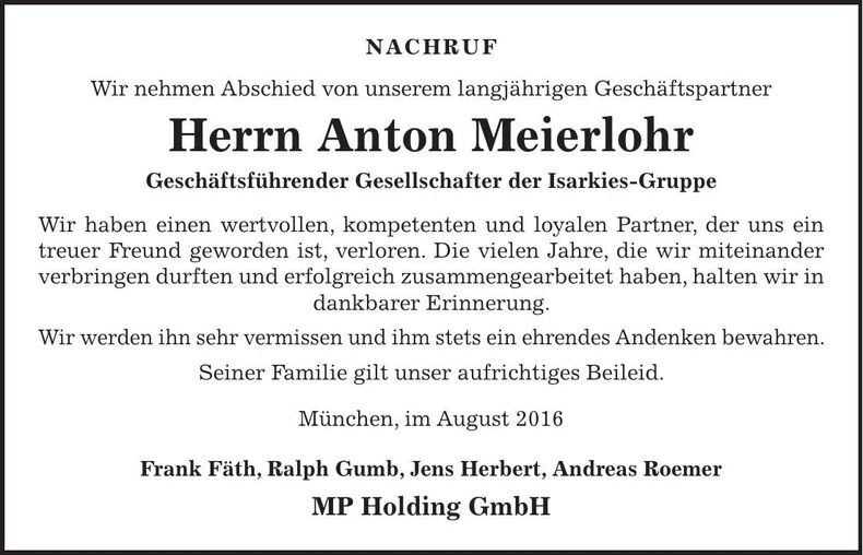 Traueranzeige Anton Meierlohr