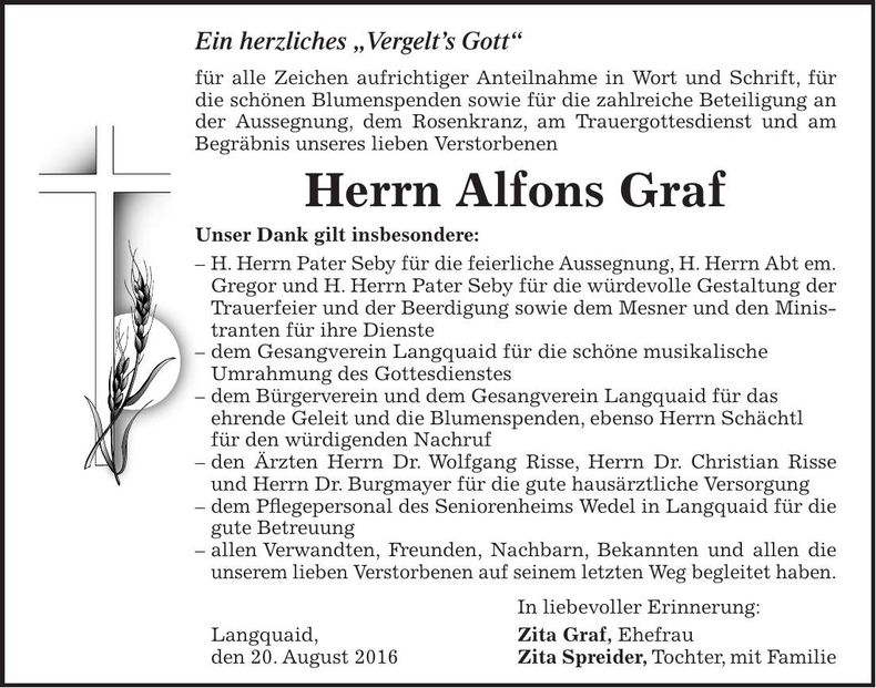 Traueranzeige Alfons Graf