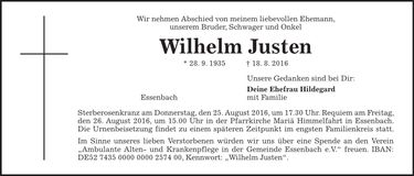Traueranzeige Wilhelm Justen